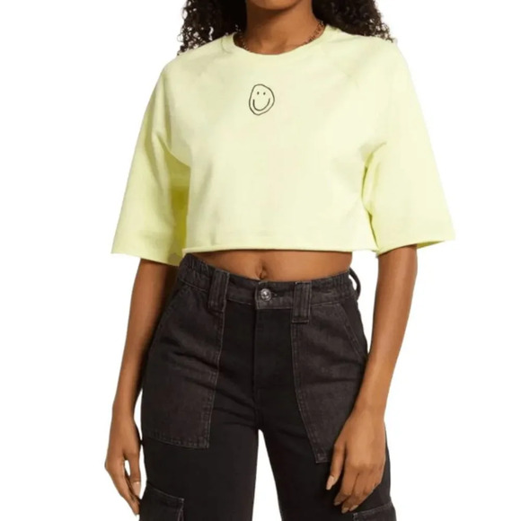 NWT BP Women's Yellow‎ Smile Raglan Sweatshirt Crop Top Size S - Picture 1 of 7